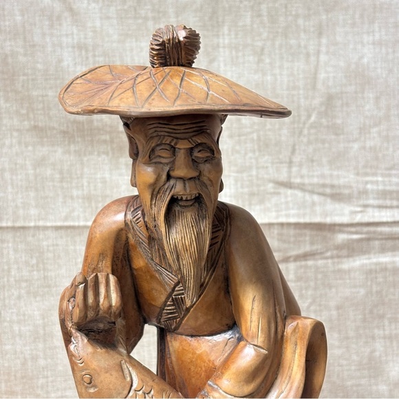 Antique Chinese Wood Carving, Wise Man with big Fish and Jug - Picture 2 of 7